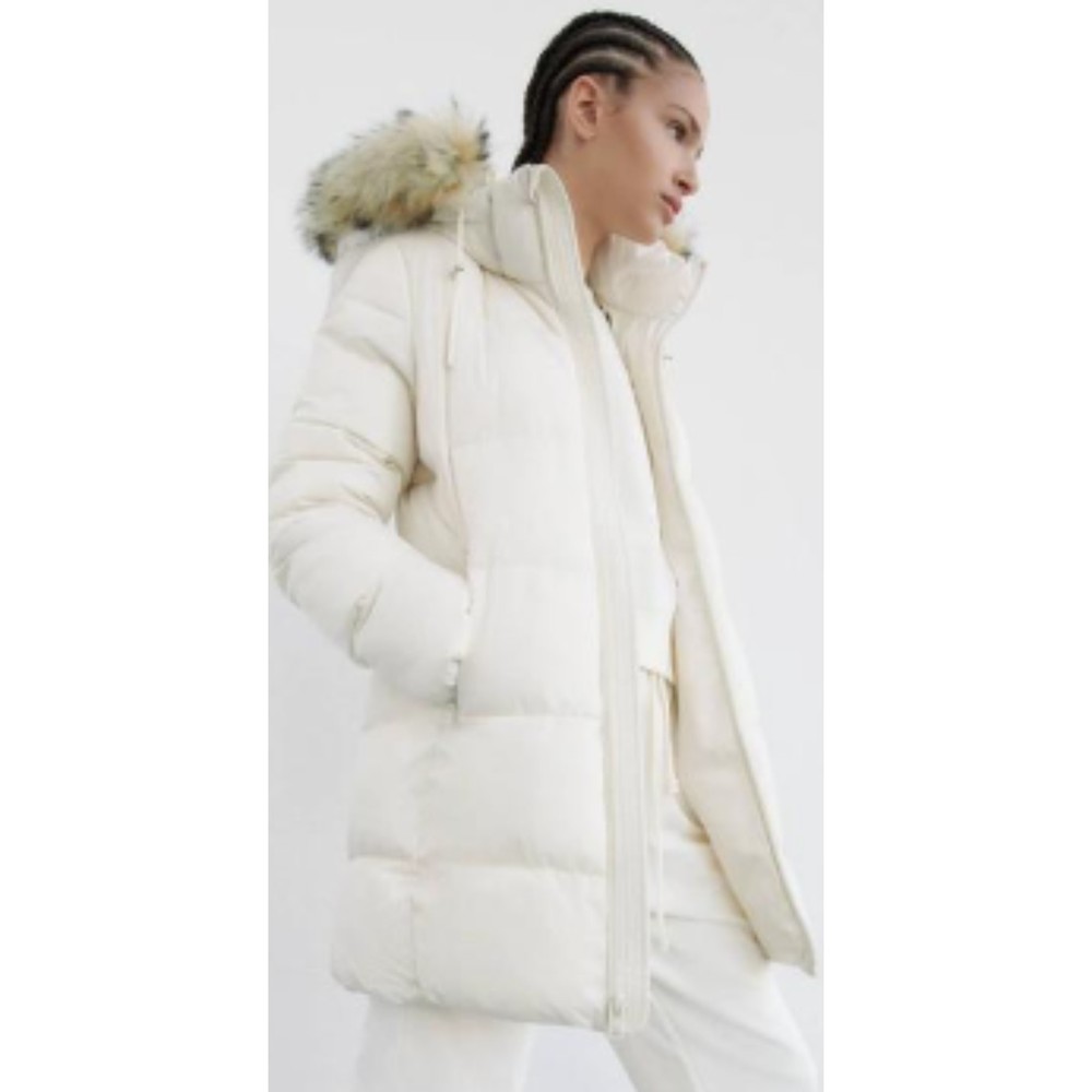 Zara Puffer Jacket Ecru Faux Fur Hood Size M NWT
